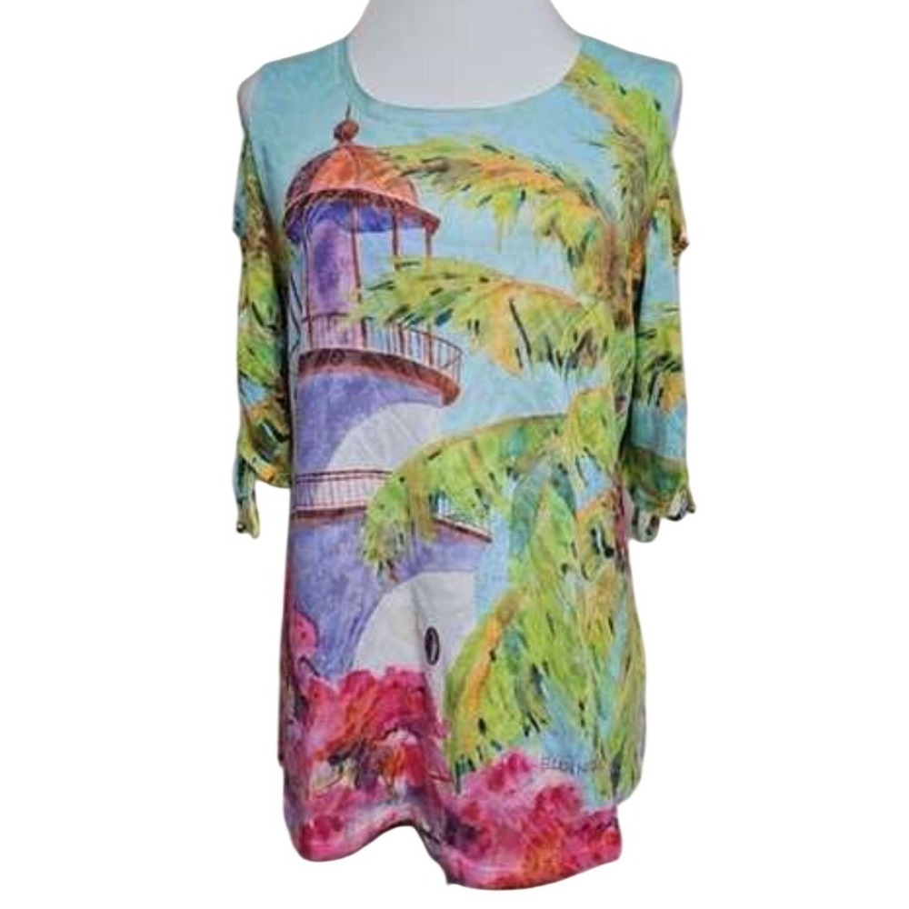 Ellen Negley Watercolor Art Tropical Lighthouse Cold Shoulder Top XXL